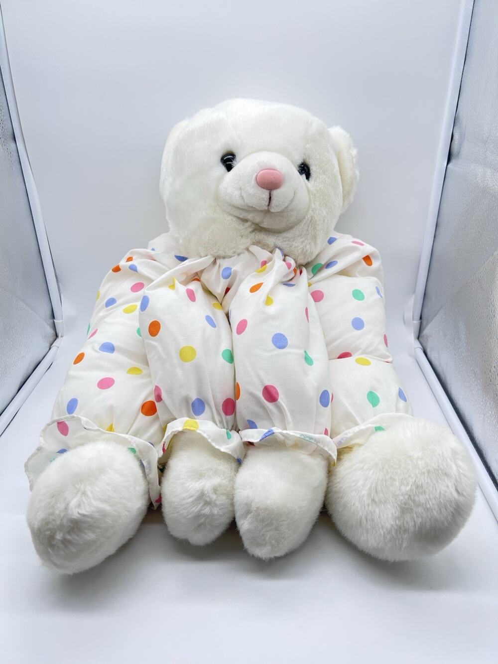 Vintage 1988 Prestige Teddy Bear Plush White Multicolor Polka Dots Clown 25”